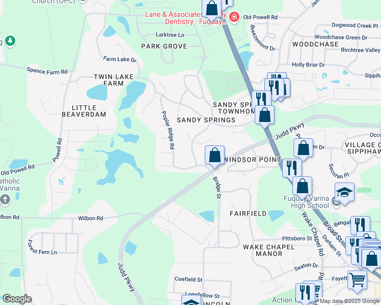 map of restaurants, bars, coffee shops, grocery stores, and more near 1317 Balfour Downs Circle in Fuquay Varina