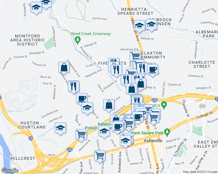 map of restaurants, bars, coffee shops, grocery stores, and more near 36 Elizabeth Street in Asheville