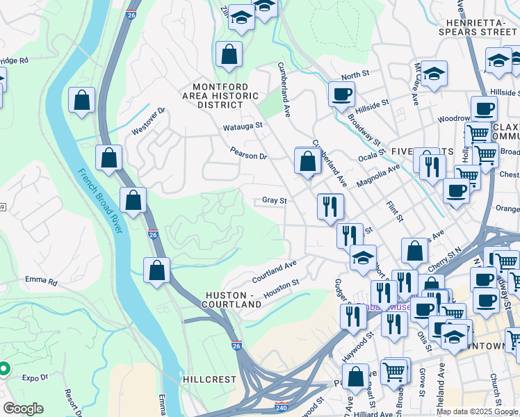 map of restaurants, bars, coffee shops, grocery stores, and more near 32 Richie Street in Asheville