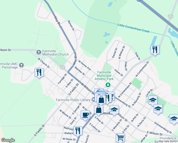 map of restaurants, bars, coffee shops, grocery stores, and more near in Farmville