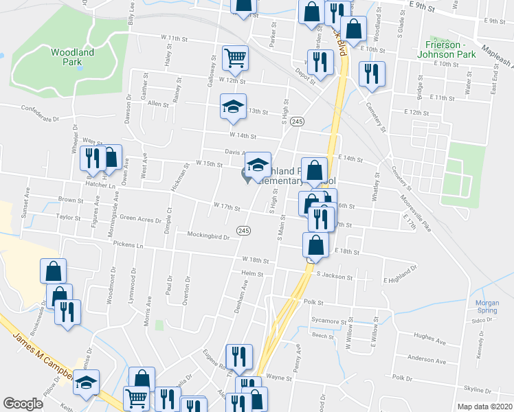 map of restaurants, bars, coffee shops, grocery stores, and more near 1623 Highland Avenue in Columbia