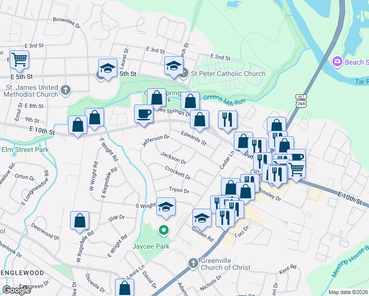 map of restaurants, bars, coffee shops, grocery stores, and more near 2817 Jackson Drive in Greenville