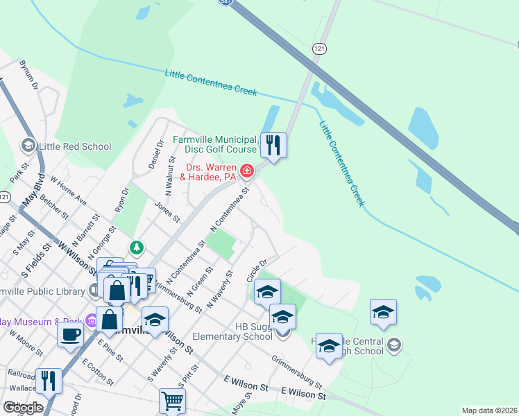 map of restaurants, bars, coffee shops, grocery stores, and more near 4052 Pinecrest Drive in Farmville
