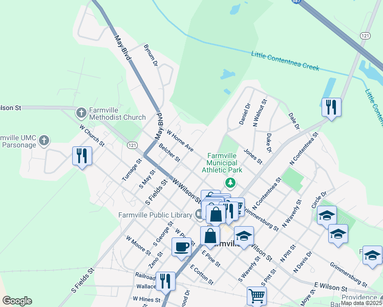 map of restaurants, bars, coffee shops, grocery stores, and more near in Farmville