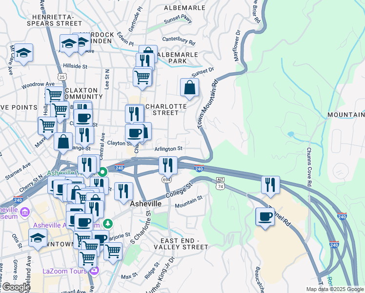 map of restaurants, bars, coffee shops, grocery stores, and more near 12 Furman Court in Asheville
