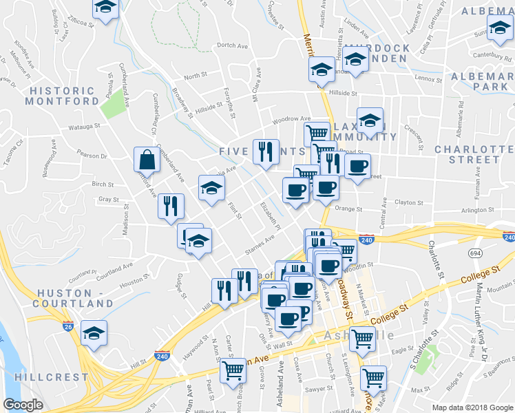 map of restaurants, bars, coffee shops, grocery stores, and more near 135 Flint Street in Asheville