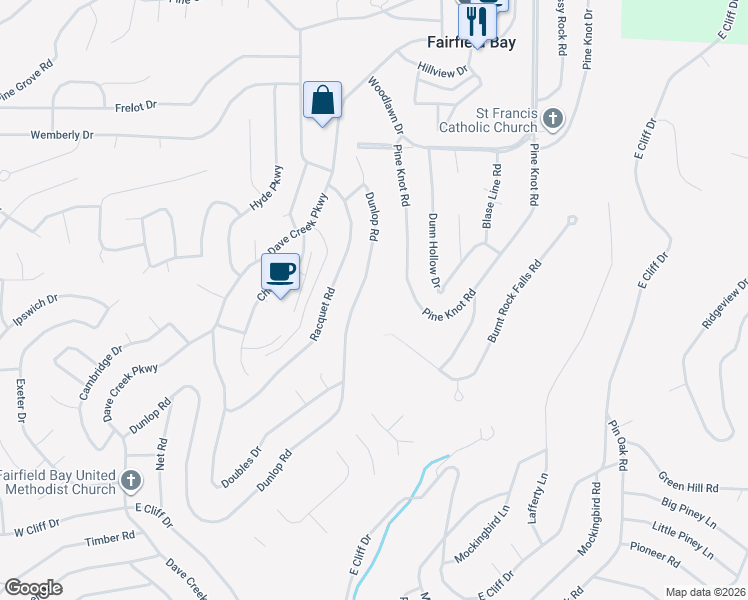 map of restaurants, bars, coffee shops, grocery stores, and more near 154 Pine Knot Road in Fairfield Bay