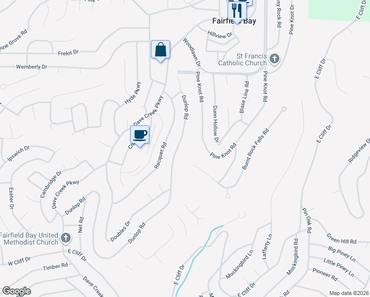 map of restaurants, bars, coffee shops, grocery stores, and more near 229 Dunlop Road in Fairfield Bay