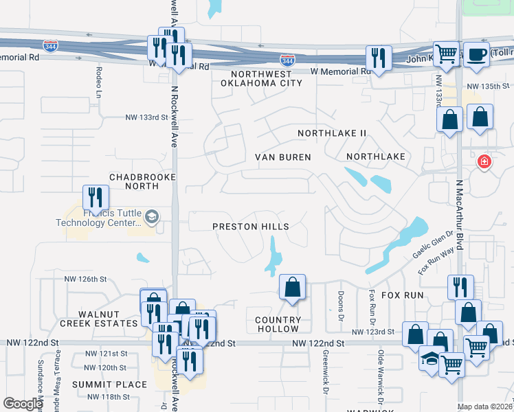 map of restaurants, bars, coffee shops, grocery stores, and more near 6710 Northwest 128th Terrace in Oklahoma City