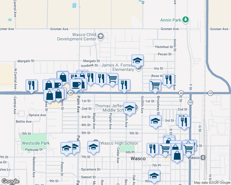 map of restaurants, bars, coffee shops, grocery stores, and more near 1634 1st Street in Wasco