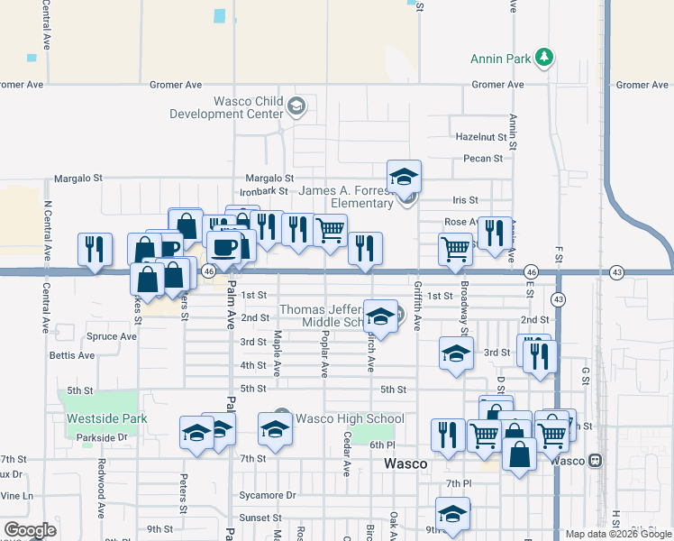 map of restaurants, bars, coffee shops, grocery stores, and more near 1634 1st Street in Wasco