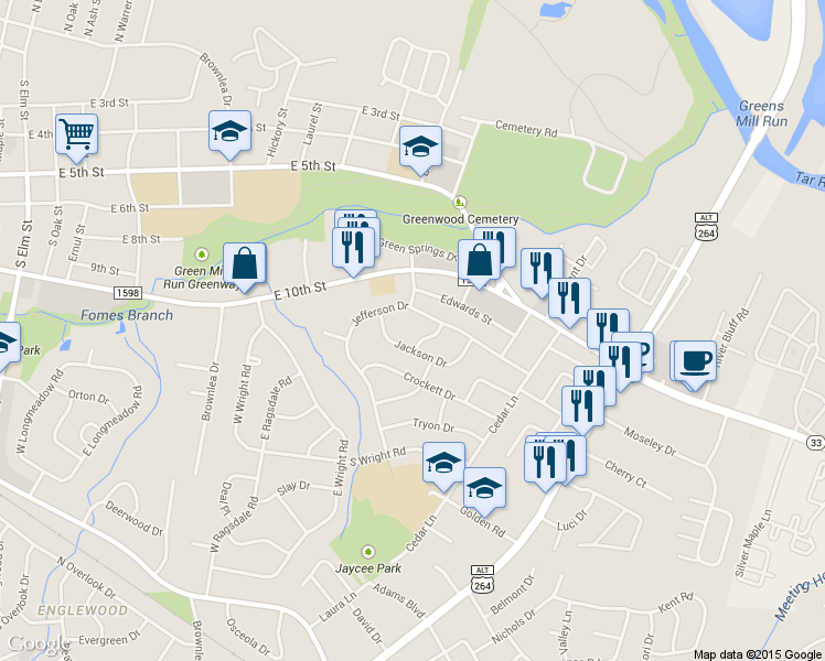 map of restaurants, bars, coffee shops, grocery stores, and more near 1206 Franklin Street in Greenville