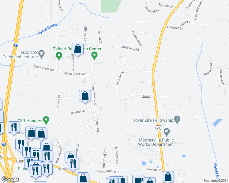map of restaurants, bars, coffee shops, grocery stores, and more near 113 Camforth Drive in Mooresville