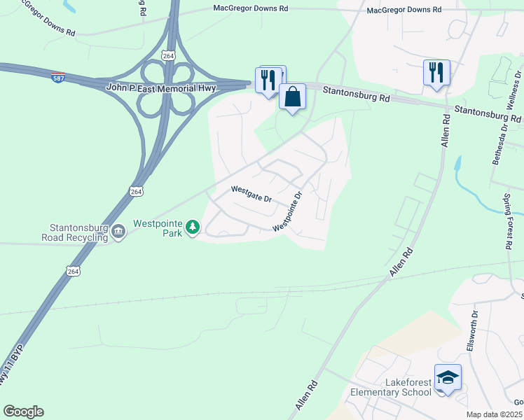 map of restaurants, bars, coffee shops, grocery stores, and more near 1436 Westpark Drive in Greenville