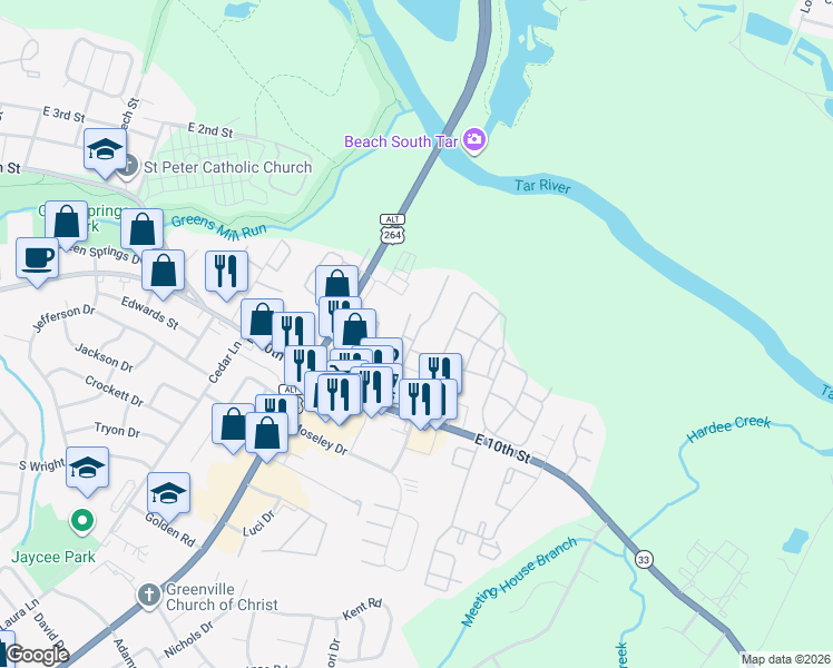 map of restaurants, bars, coffee shops, grocery stores, and more near 118 Harbor Pointe Lane in Greenville