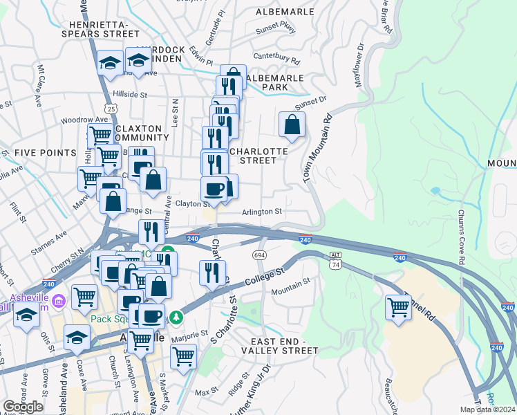 map of restaurants, bars, coffee shops, grocery stores, and more near 59 Arlington Street in Asheville