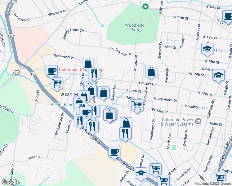 map of restaurants, bars, coffee shops, grocery stores, and more near 809 Taylor Street in Columbia