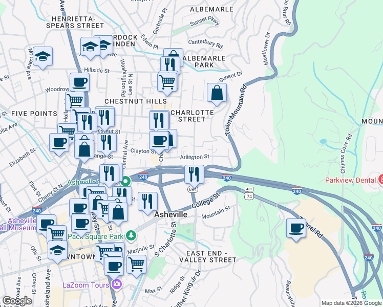 map of restaurants, bars, coffee shops, grocery stores, and more near 40 Arlington Street in Asheville