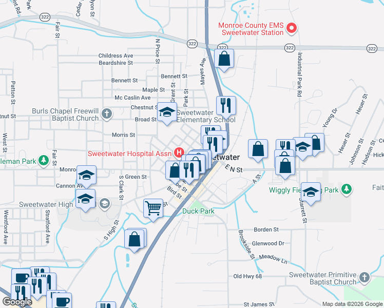 map of restaurants, bars, coffee shops, grocery stores, and more near 308 North High Street in Sweetwater