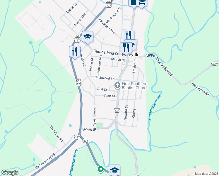 map of restaurants, bars, coffee shops, grocery stores, and more near Ault Street in Pikeville