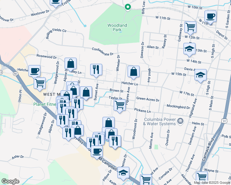 map of restaurants, bars, coffee shops, grocery stores, and more near 701 Brown Street in Columbia