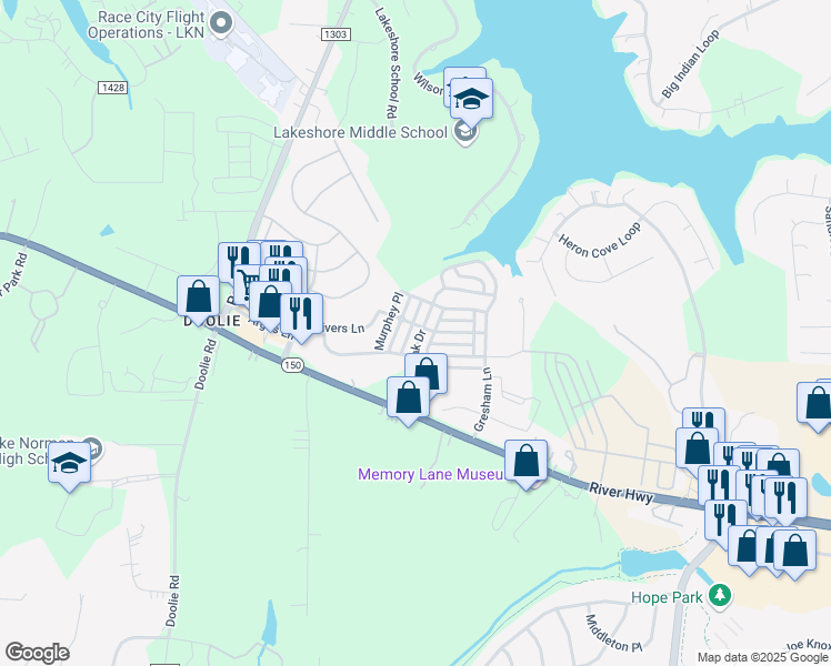 map of restaurants, bars, coffee shops, grocery stores, and more near 143 Water Oak Drive in Mooresville