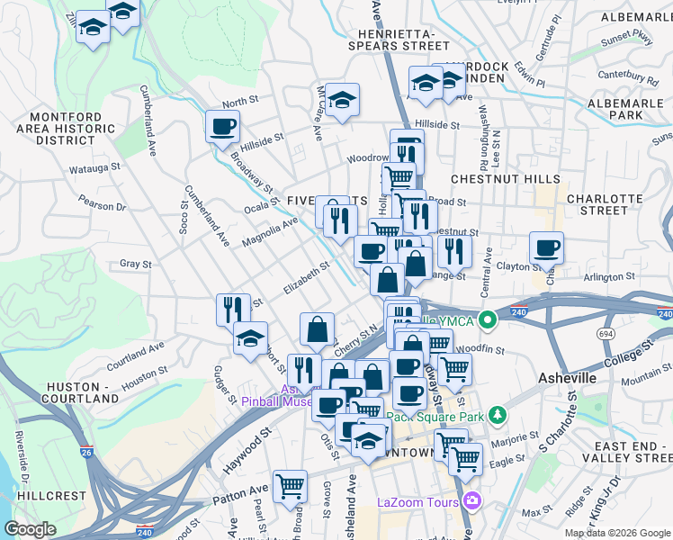 map of restaurants, bars, coffee shops, grocery stores, and more near 32 Elizabeth Place in Asheville