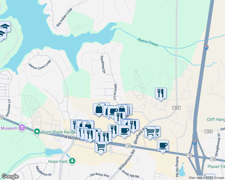 map of restaurants, bars, coffee shops, grocery stores, and more near 123 Foxtail Drive in Mooresville