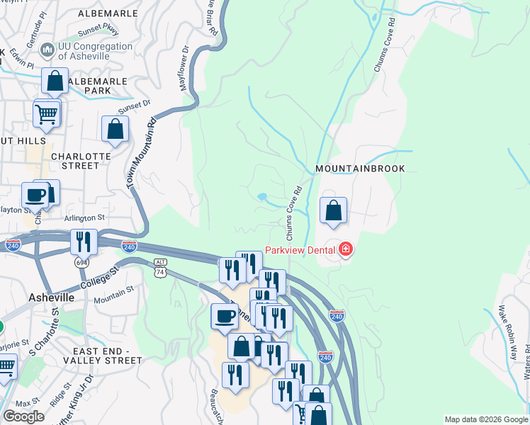 map of restaurants, bars, coffee shops, grocery stores, and more near 19 Old Chunns Cove Road in Asheville
