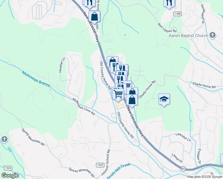 map of restaurants, bars, coffee shops, grocery stores, and more near 300 Old County Home Road in Asheville