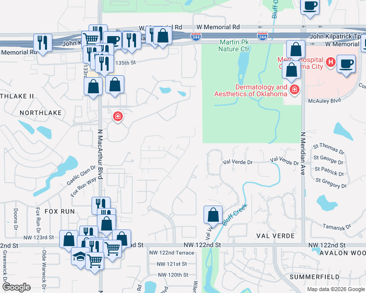 map of restaurants, bars, coffee shops, grocery stores, and more near 12902 Maiden Lane in Oklahoma City