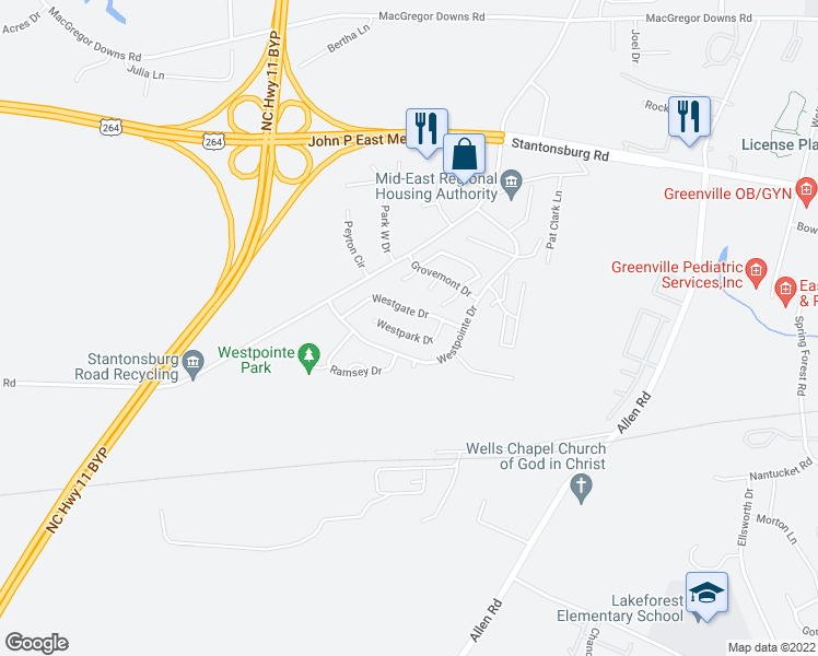 map of restaurants, bars, coffee shops, grocery stores, and more near 1444 Westpark Drive in Greenville