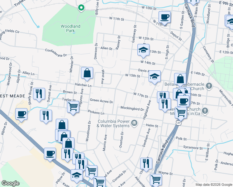 map of restaurants, bars, coffee shops, grocery stores, and more near 1807 Dimple Court in Columbia