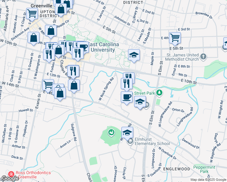 map of restaurants, bars, coffee shops, grocery stores, and more near East Rock Spring Road in Greenville