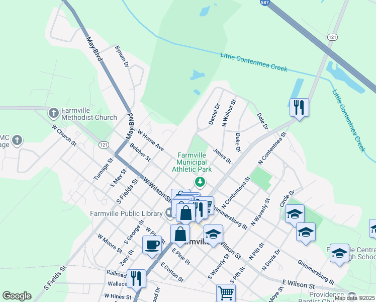 map of restaurants, bars, coffee shops, grocery stores, and more near Ryon Drive in Farmville