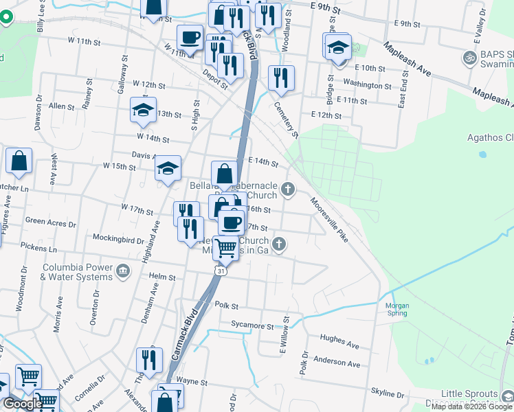 map of restaurants, bars, coffee shops, grocery stores, and more near 305 East 17th Street in Columbia
