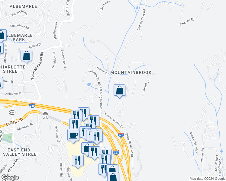 map of restaurants, bars, coffee shops, grocery stores, and more near 33 Craftsman Circle in Asheville