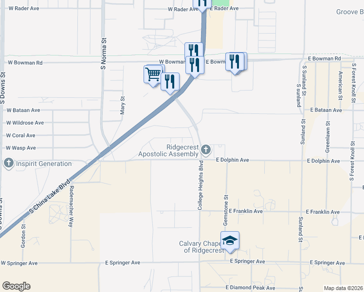 map of restaurants, bars, coffee shops, grocery stores, and more near 108 Barbara Avenue in Ridgecrest