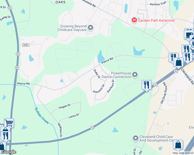 map of restaurants, bars, coffee shops, grocery stores, and more near 316 Princess Drive in Garner