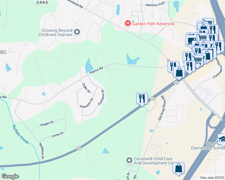 map of restaurants, bars, coffee shops, grocery stores, and more near 202 Sherrill Place Lane in Garner