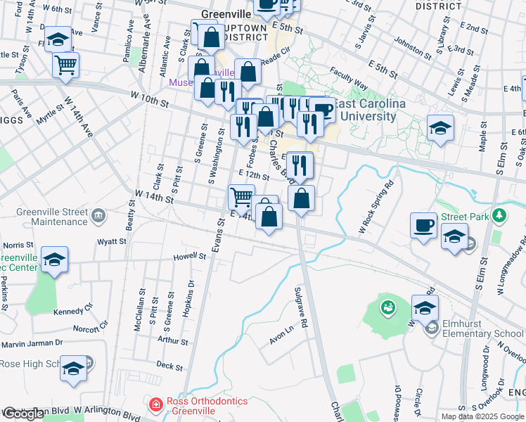 map of restaurants, bars, coffee shops, grocery stores, and more near 1307 Cotanche Street in Greenville