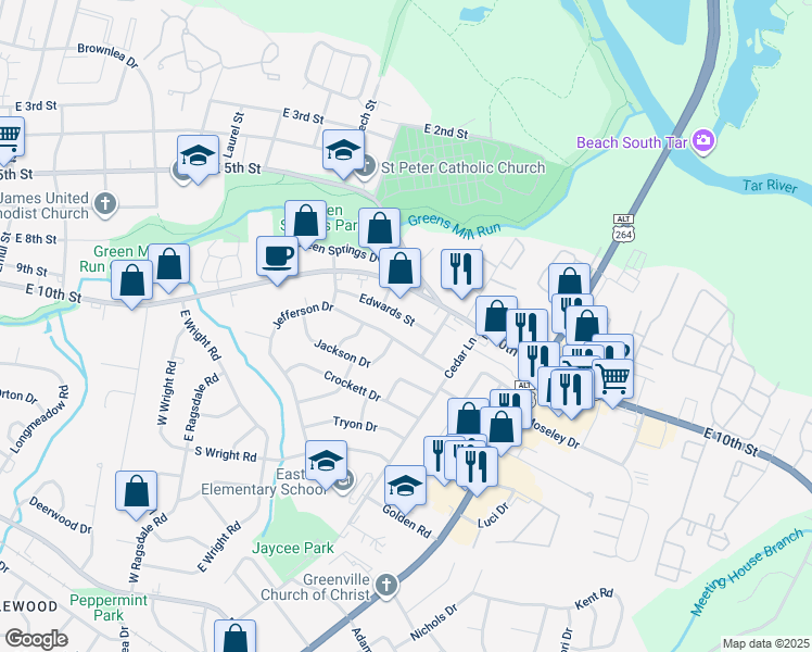 map of restaurants, bars, coffee shops, grocery stores, and more near 2810 Edwards Road in Grimesland