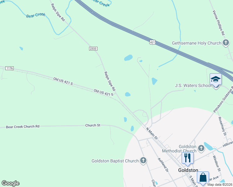map of restaurants, bars, coffee shops, grocery stores, and more near 421 North Main Street in Goldston
