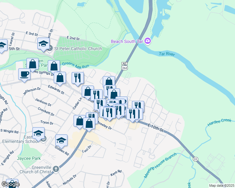 map of restaurants, bars, coffee shops, grocery stores, and more near 2310 Greenville Boulevard Northeast in Greenville