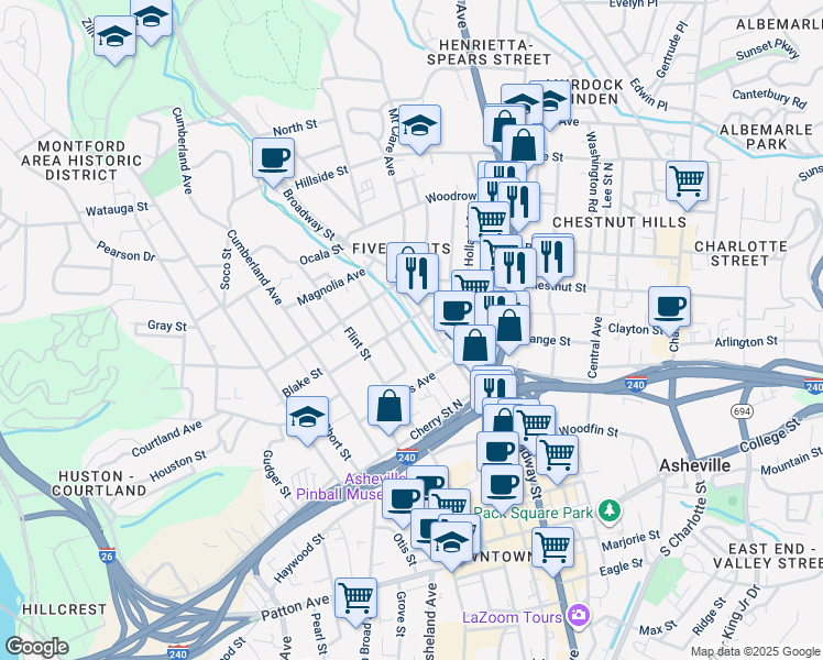 map of restaurants, bars, coffee shops, grocery stores, and more near 251 Broadway Street in Asheville