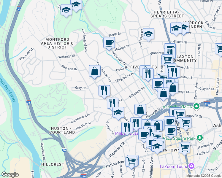 map of restaurants, bars, coffee shops, grocery stores, and more near 153 Cumberland Avenue in Asheville