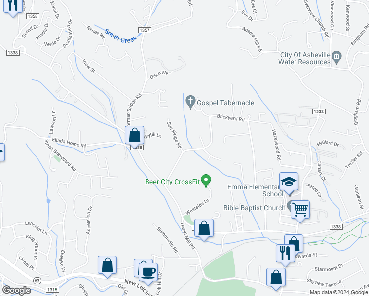 map of restaurants, bars, coffee shops, grocery stores, and more near 17 Sun Ridge Road in Asheville