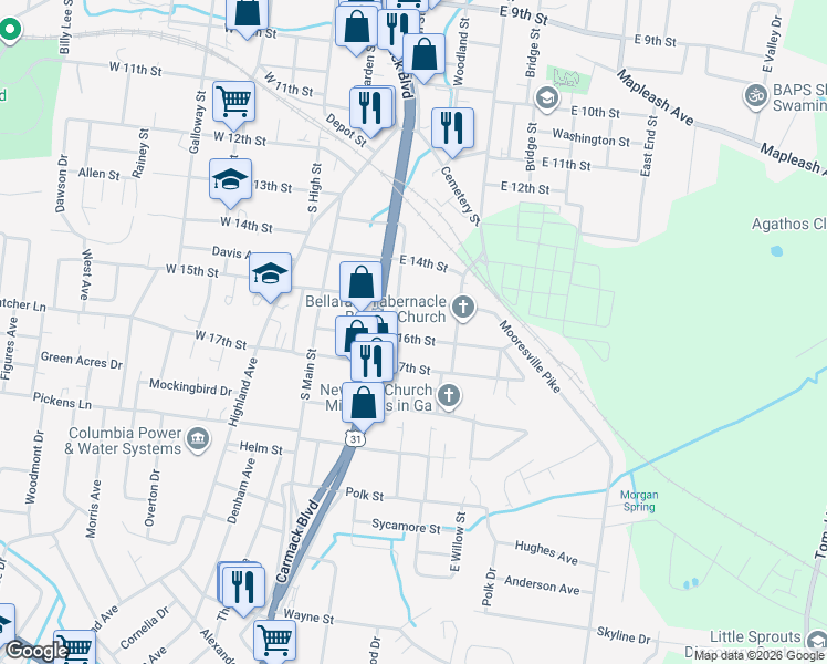 map of restaurants, bars, coffee shops, grocery stores, and more near 204 East 15th Street in Columbia