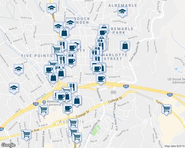 map of restaurants, bars, coffee shops, grocery stores, and more near 68 Clayton Street in Asheville