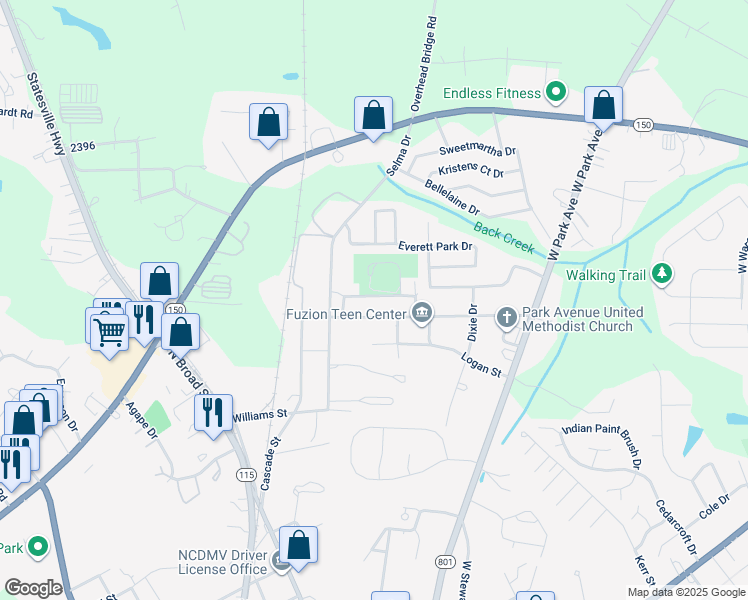map of restaurants, bars, coffee shops, grocery stores, and more near 82 Spencer Avenue in Mooresville